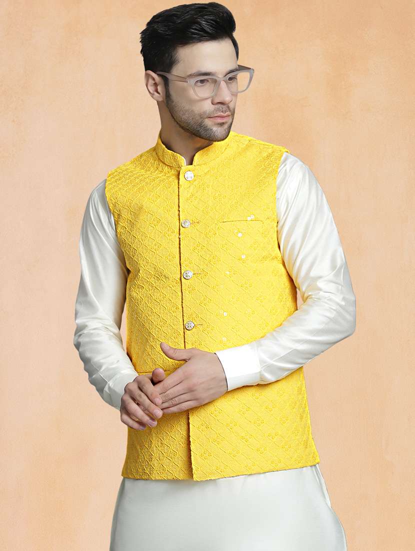men solid with work mandarin neck regular fit nehru jacket - 22224579 -  Standard Image - 1