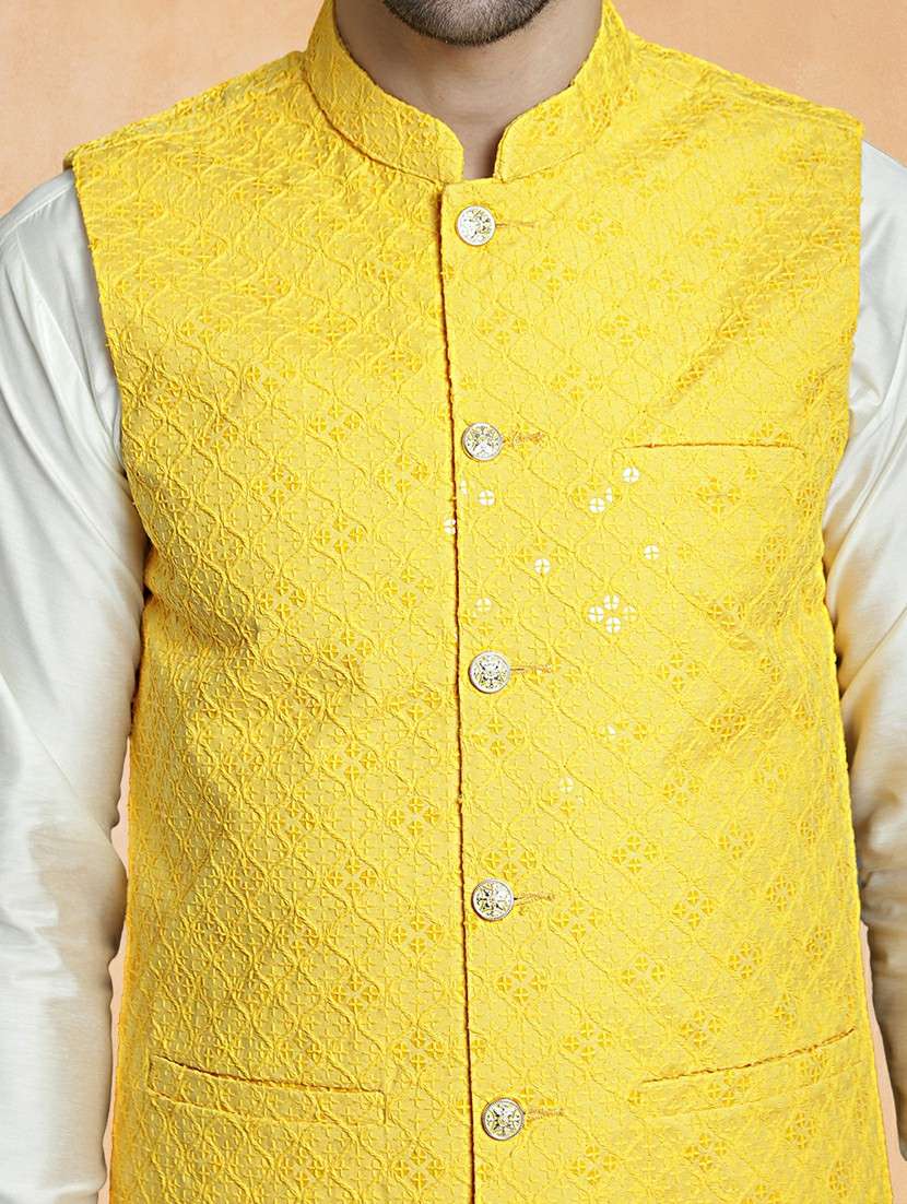 men solid with work mandarin neck regular fit nehru jacket - 22224579 -  Standard Image - 4