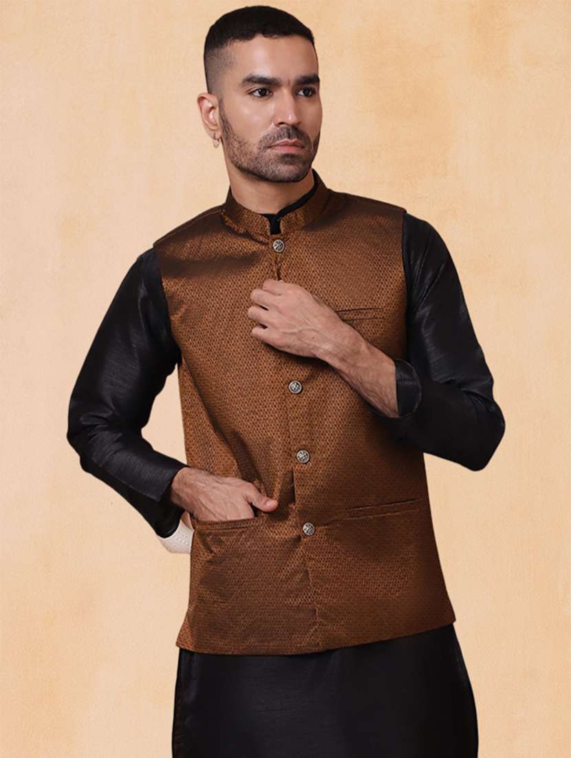 men self design mandarin neck regular fit nehru jacket - 22224586 -  Standard Image - 1