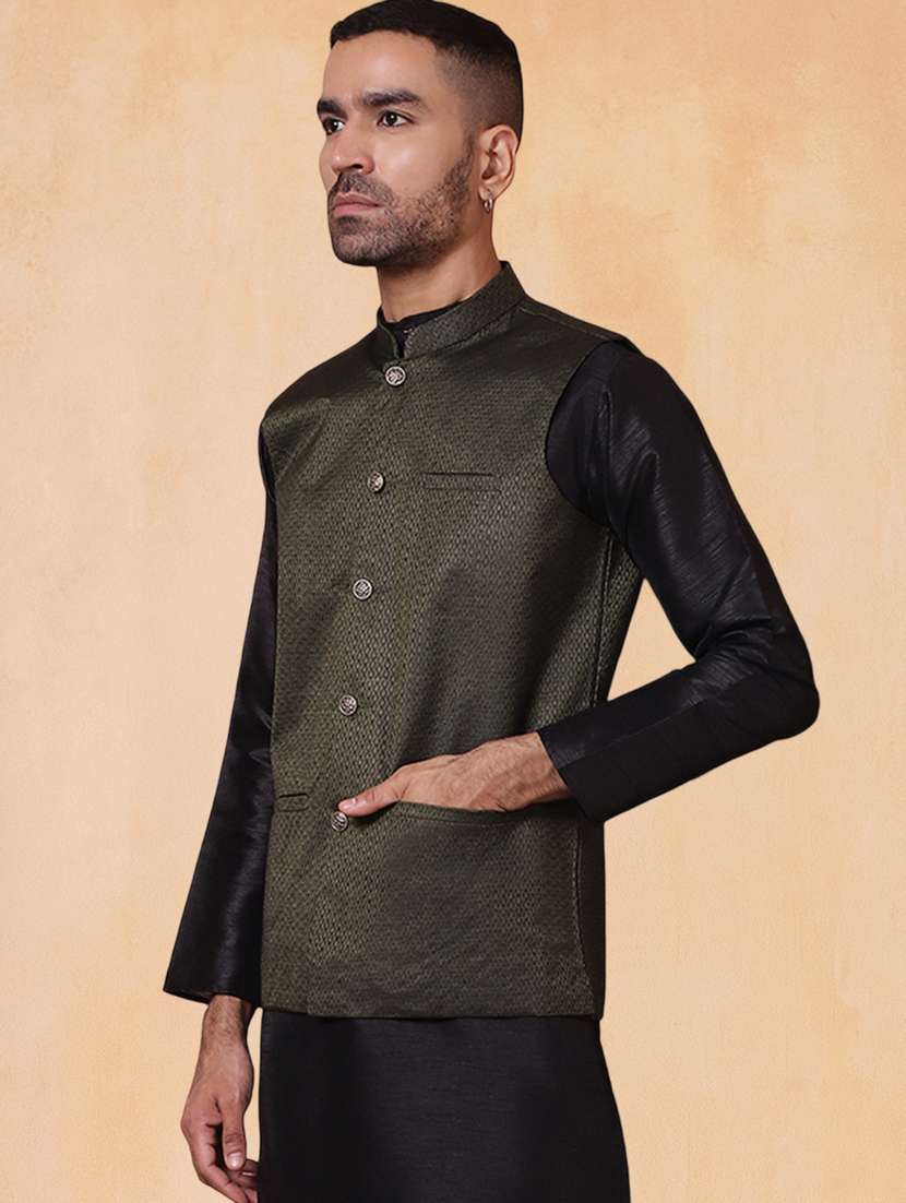 men self design mandarin neck regular fit nehru jacket - 22224588 -  Standard Image - 1