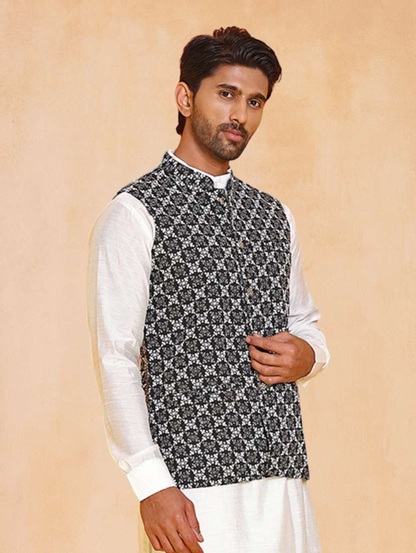 men solid with work mandarin neck regular fit nehru jacket - 22224589 -  Standard Image - 1