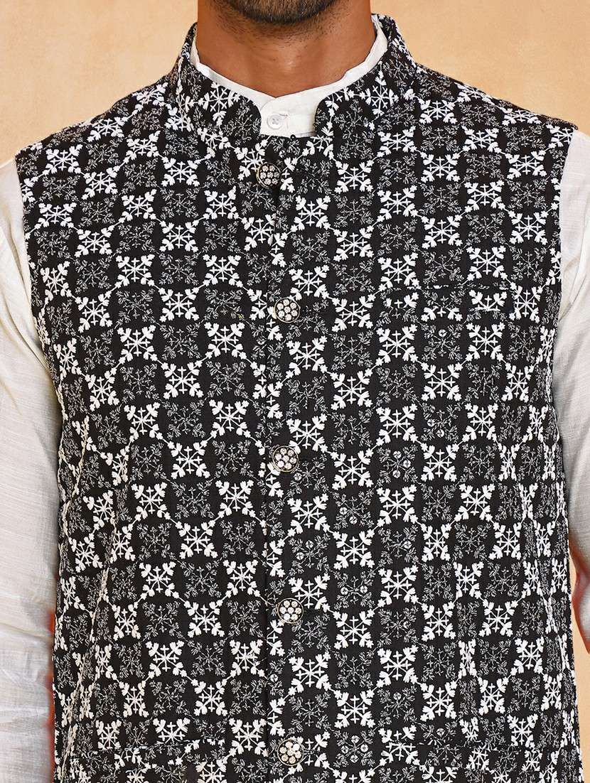 men solid with work mandarin neck regular fit nehru jacket - 22224589 -  Standard Image - 4
