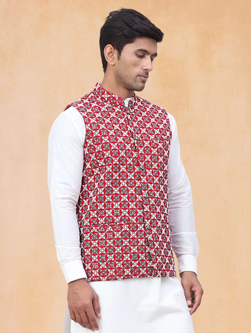 men solid with work mandarin neck regular fit nehru jacket - 22224590 -  Standard Image - 1