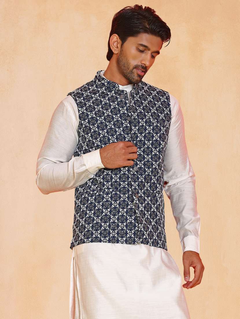 men solid with work mandarin neck regular fit nehru jacket - 22224592 -  Standard Image - 1