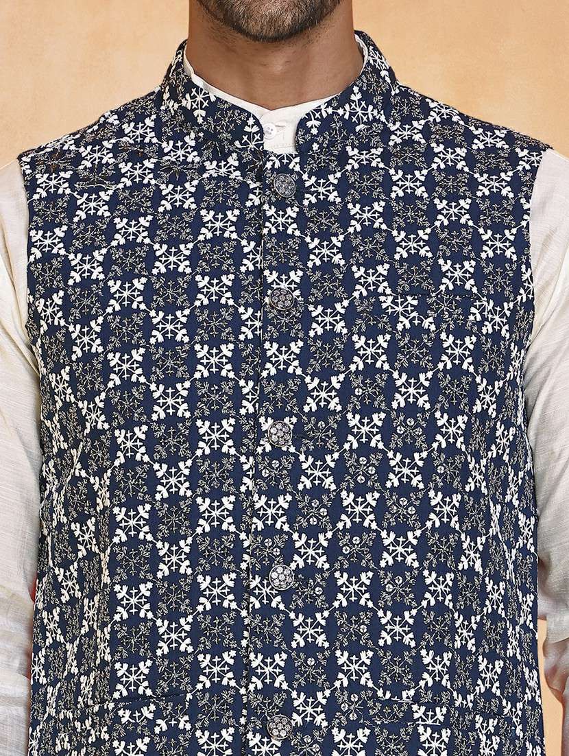 men solid with work mandarin neck regular fit nehru jacket - 22224592 -  Standard Image - 4