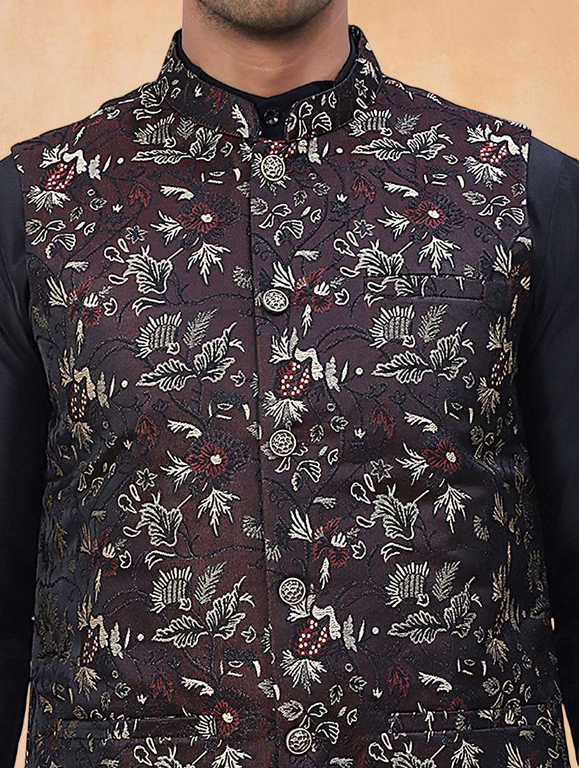 men solid with work mandarin neck regular fit nehru jacket - 22224595 -  Standard Image - 4