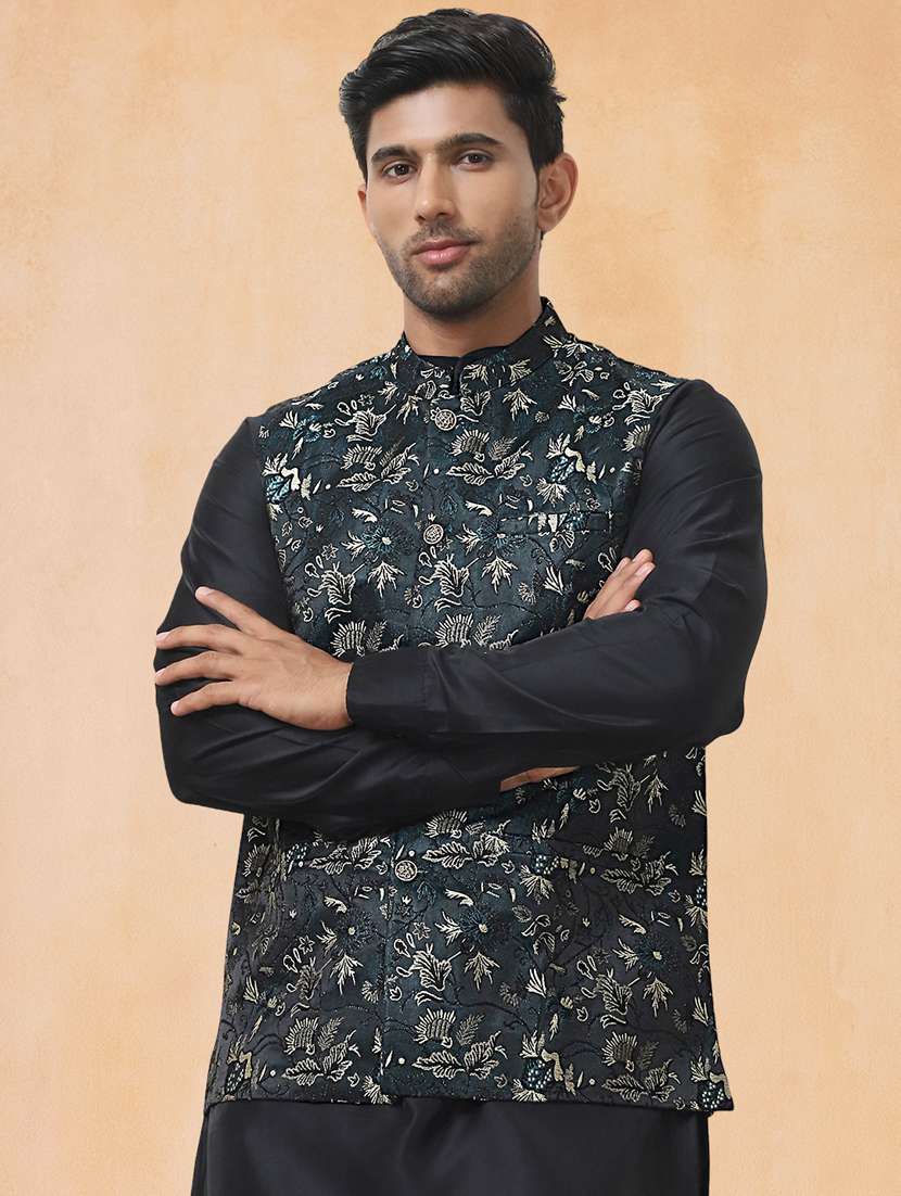 men solid with work mandarin neck regular fit nehru jacket - 22224596 -  Standard Image - 1