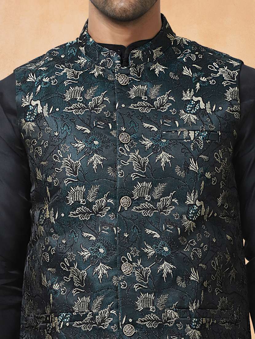 men solid with work mandarin neck regular fit nehru jacket - 22224596 -  Standard Image - 4
