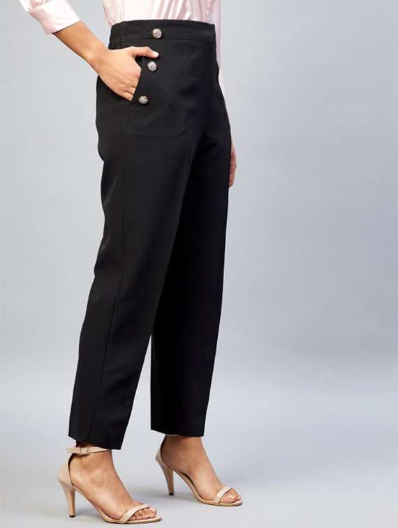 women solid high rise straight trouser - 22224694 -  Standard Image - 1