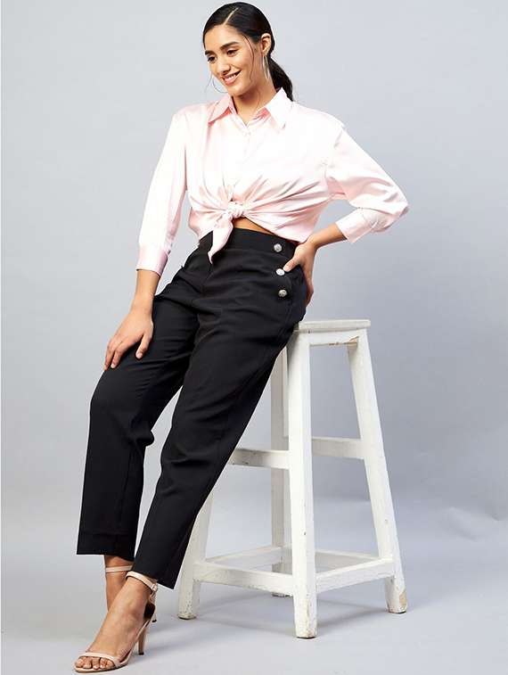 women solid high rise straight trouser - 22224694 -  Standard Image - 4