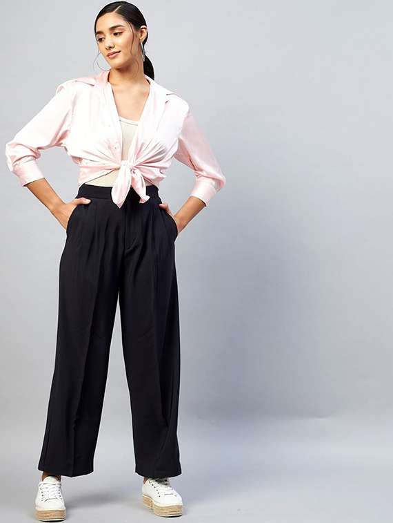women solid high rise wide leg trouser - 22224698 -  Standard Image - 4