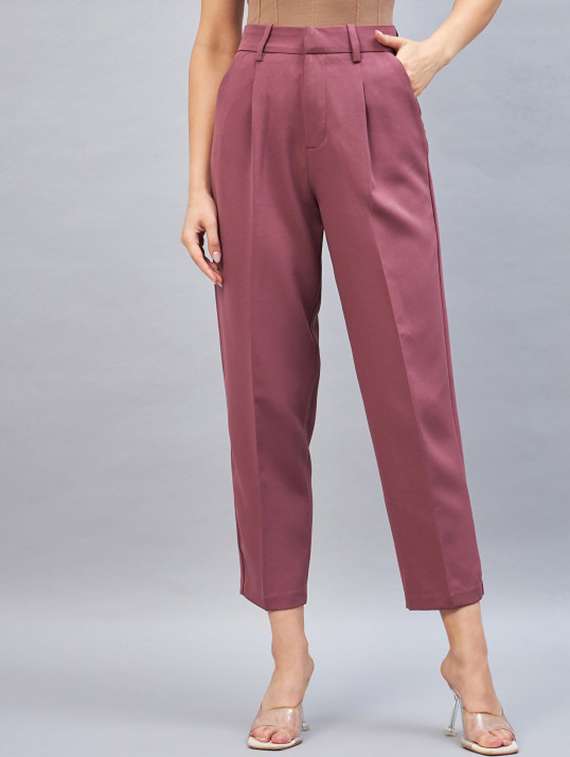 women solid high rise straight trouser