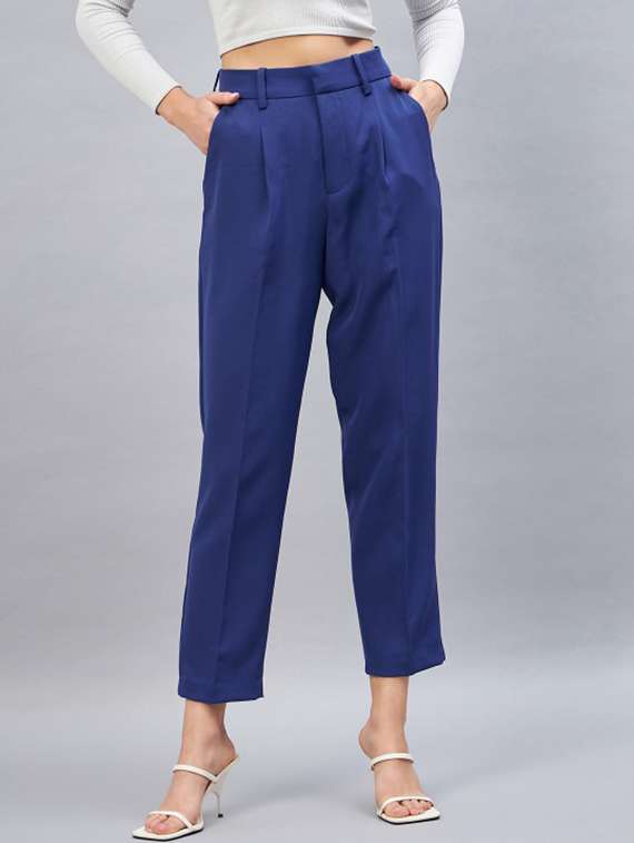 women solid high rise straight trouser