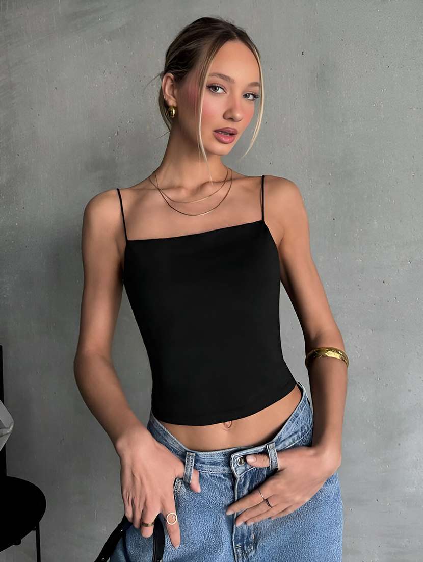 women solid shoulder strap crop backless top - 22224722 -  Standard Image - 1