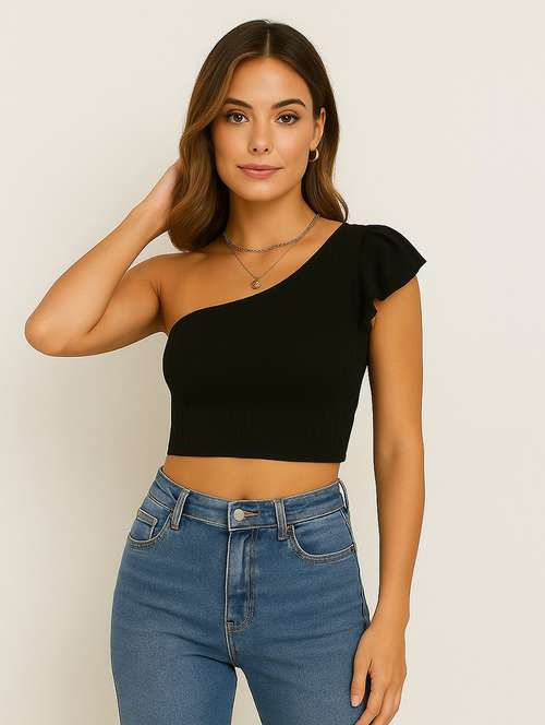 women solid single shoulder crop top - 22224724 -  Standard Image - 0