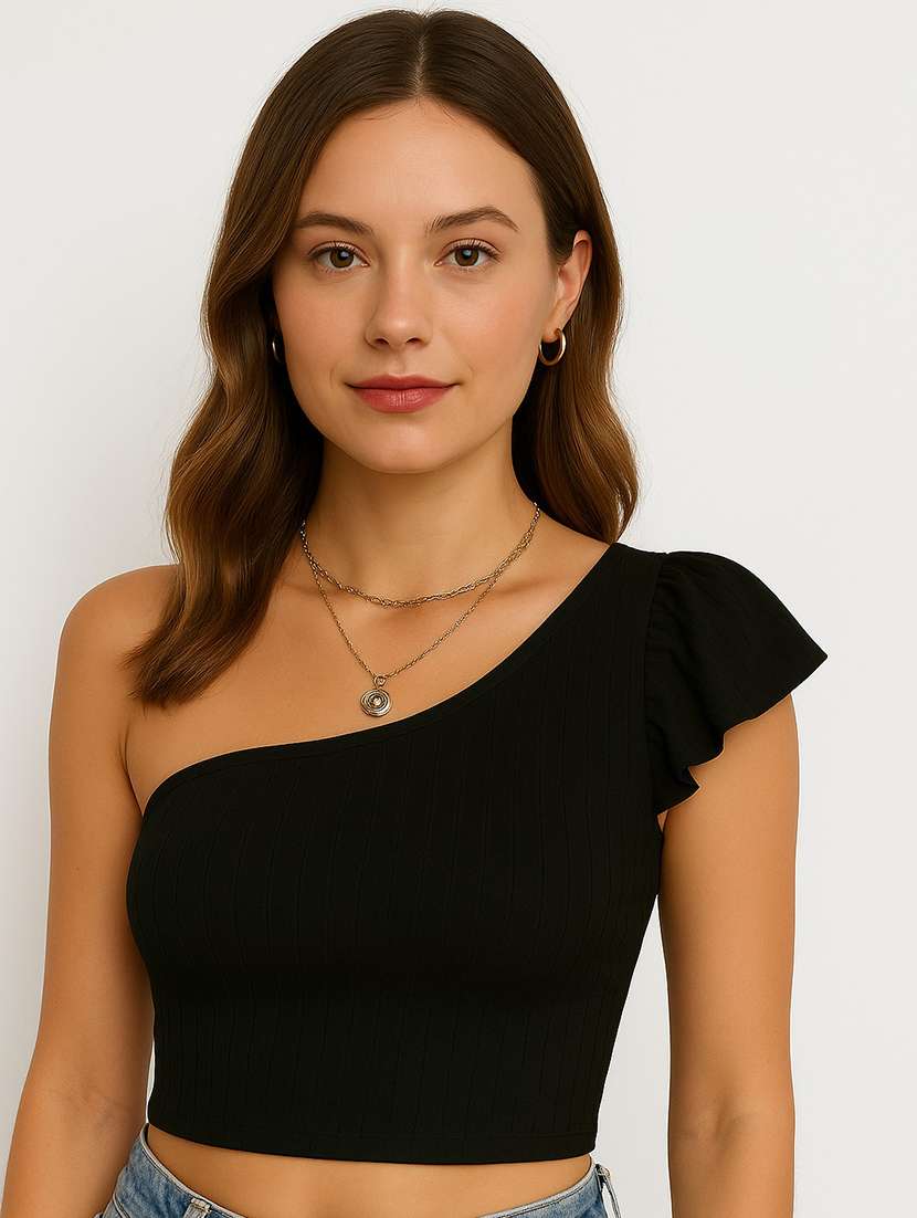 women solid single shoulder crop top - 22224724 -  Standard Image - 1