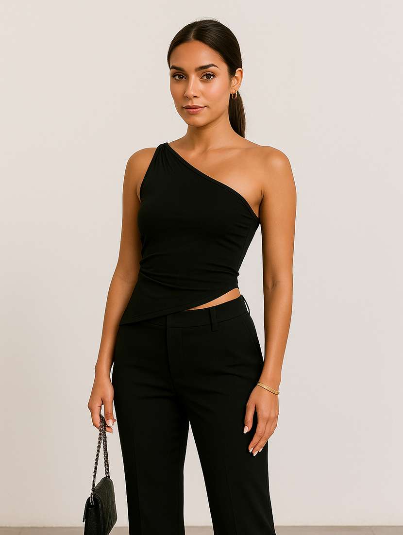 women solid single shoulder asymmetric top