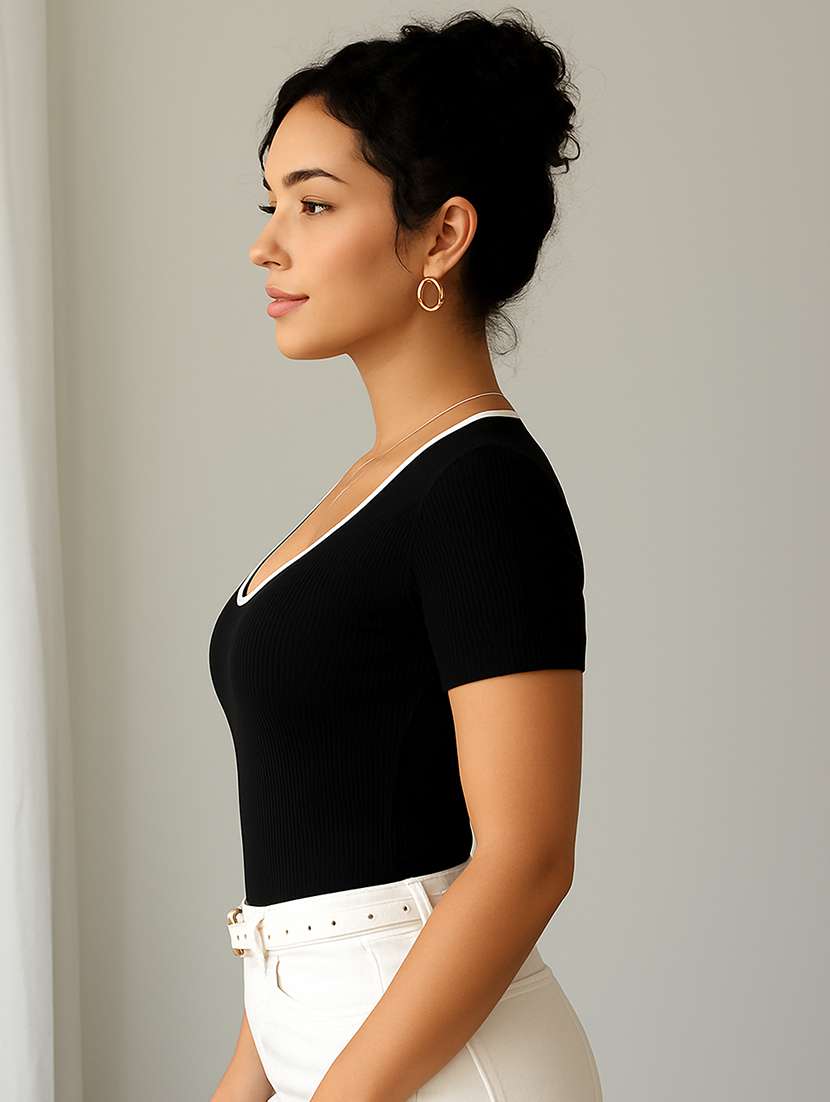 women solid short sleeve straight top - 22224730 -  Standard Image - 1