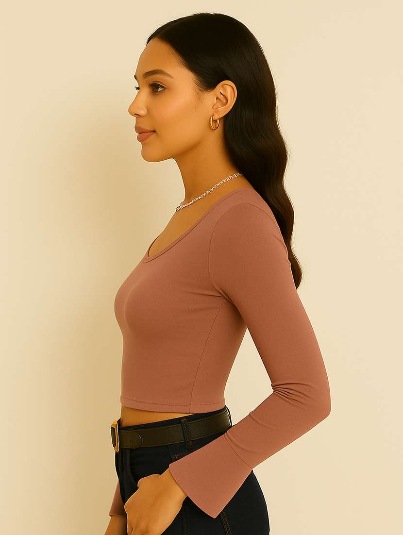 women solid bell sleeve crop top - 22224731 -  Standard Image - 1