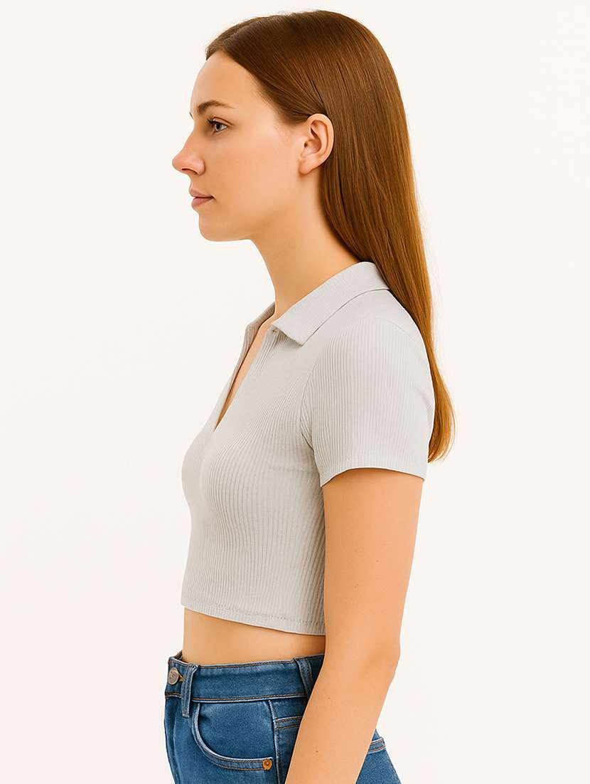 women solid short sleeve collared crop top - 22224733 -  Standard Image - 1