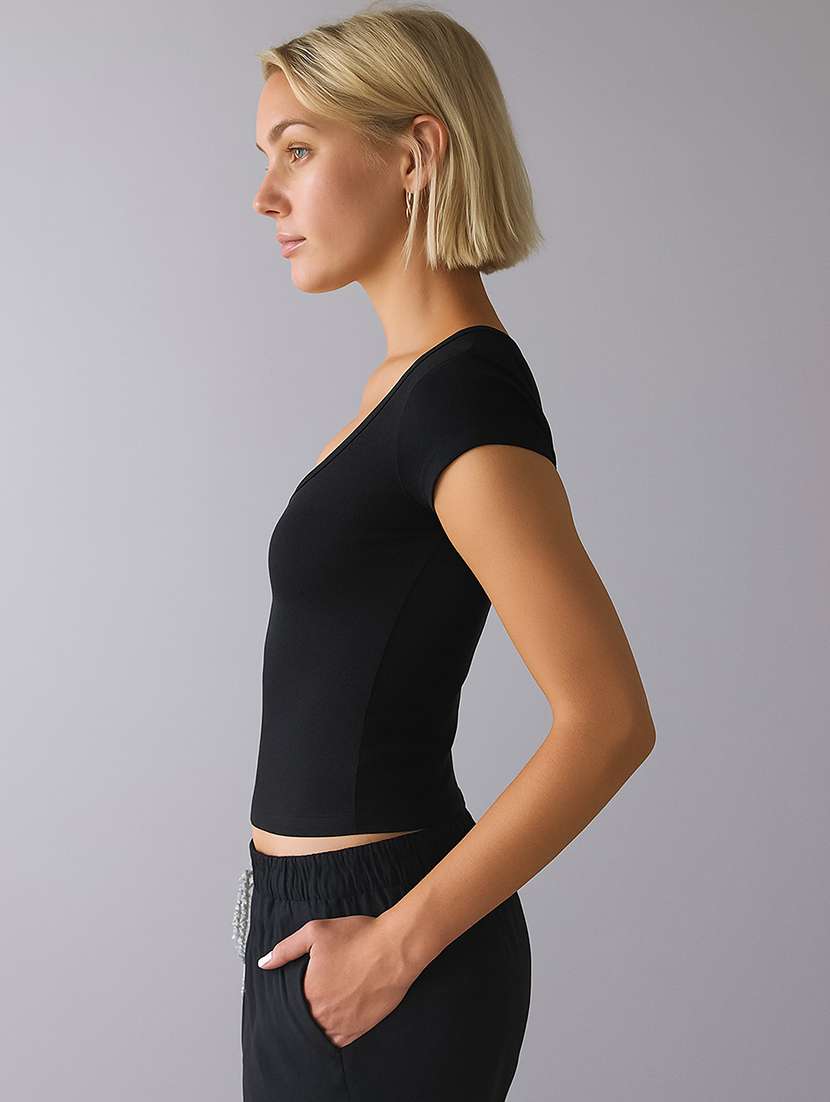 women black solid short sleeve crop top - 22224734 -  Standard Image - 1