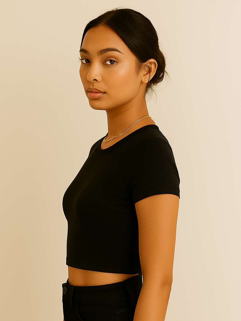 women black solid short sleeve crop top - 22224735 -  Standard Image - 1