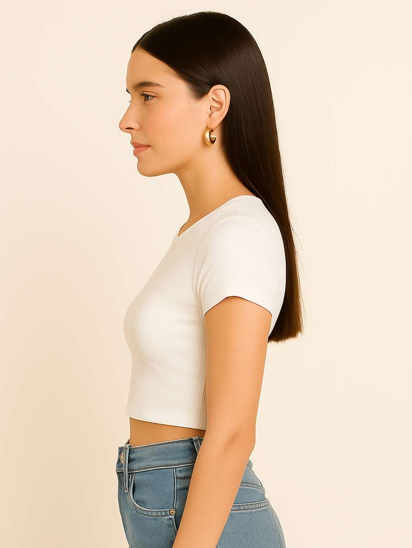 women white solid short sleeve crop top - 22224736 -  Standard Image - 1
