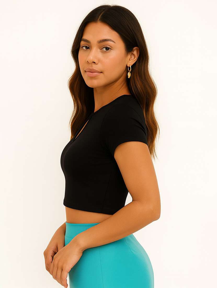 women black solid short sleeve crop top - 22224739 -  Standard Image - 1