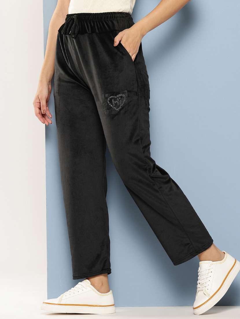 women solid mid rise velvet track pant - 22224868 -  Standard Image - 1