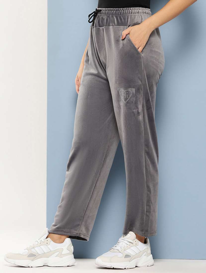 women solid mid rise velvet track pant - 22224870 -  Standard Image - 1