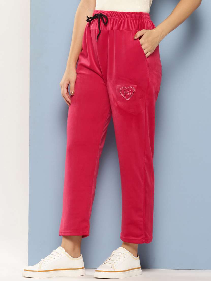 women solid mid rise velvet track pant - 22224872 -  Standard Image - 1