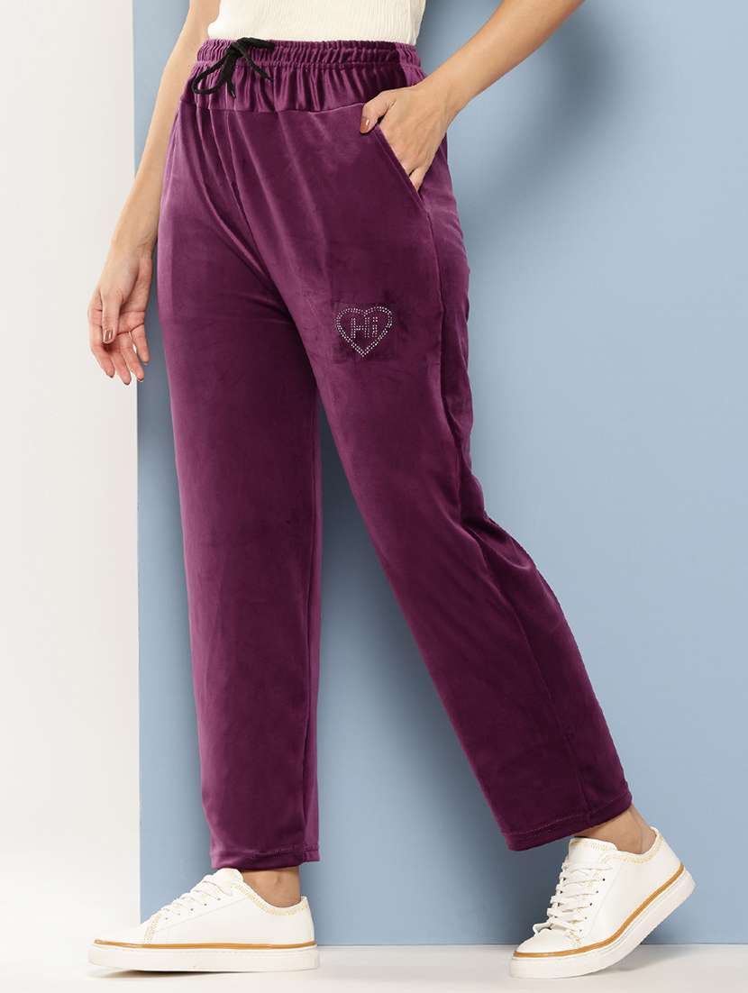 women solid mid rise velvet track pant - 22224873 -  Standard Image - 1