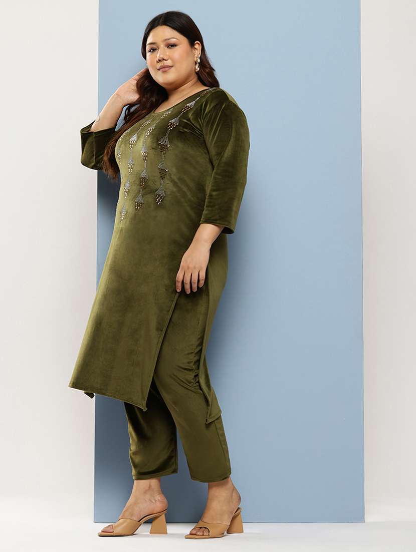women plus size embellished three quarter sleeve kurta pant with dupatta set - 22224885 -  Standard Image - 1