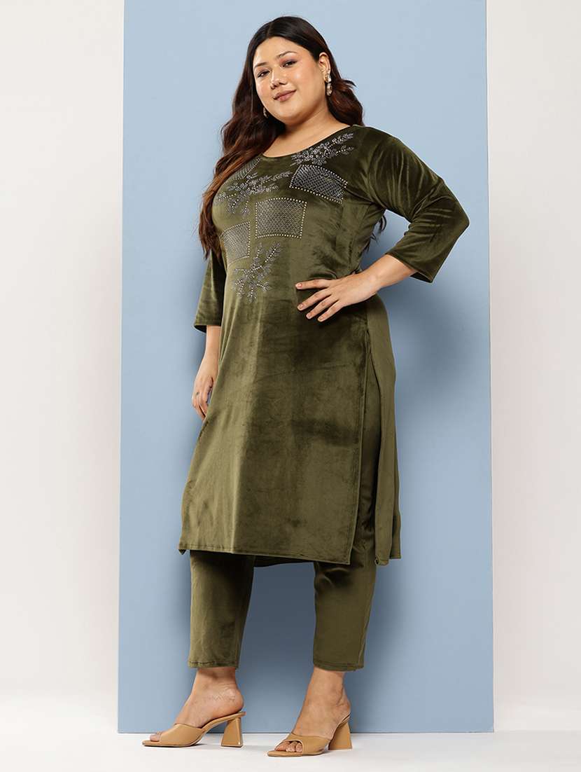 women plus size embellished three quarter sleeve kurta pant with dupatta set - 22224892 -  Standard Image - 1