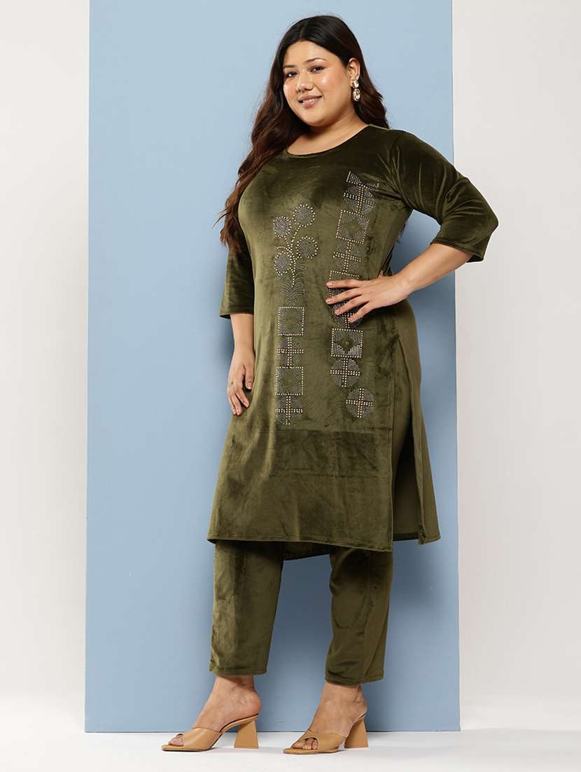 women plus size embellished three quarter sleeve kurta pant with dupatta set - 22224899 -  Standard Image - 1