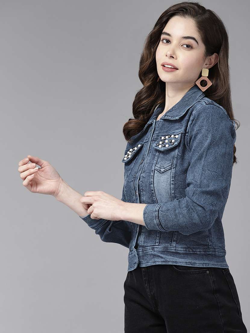 women solid with work long sleeve denim jacket - 22224903 -  Standard Image - 1