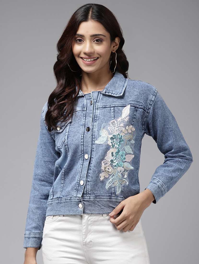 women solid with work long sleeve denim jacket
