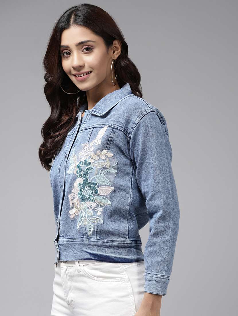 women solid with work long sleeve denim jacket - 22224905 -  Standard Image - 1