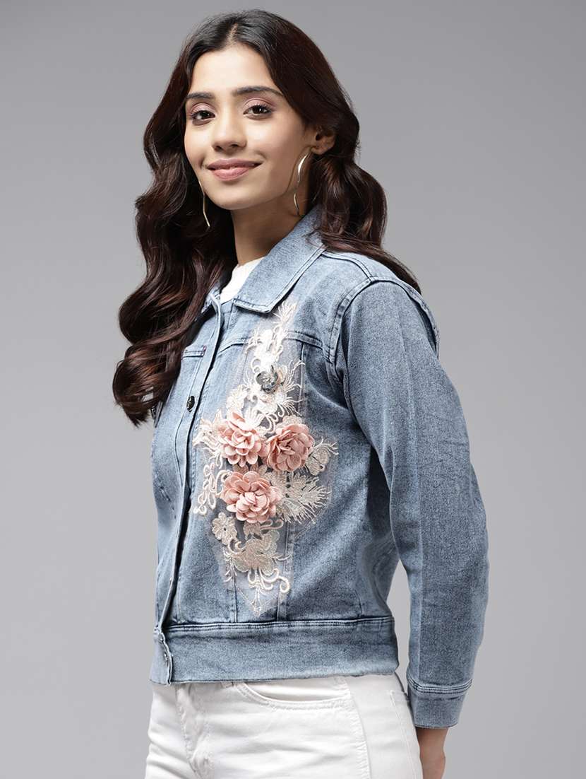 women solid with work long sleeve denim jacket - 22224906 -  Standard Image - 1