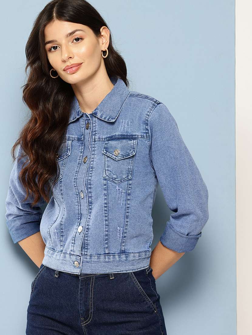 women solid long sleeve denim jacket