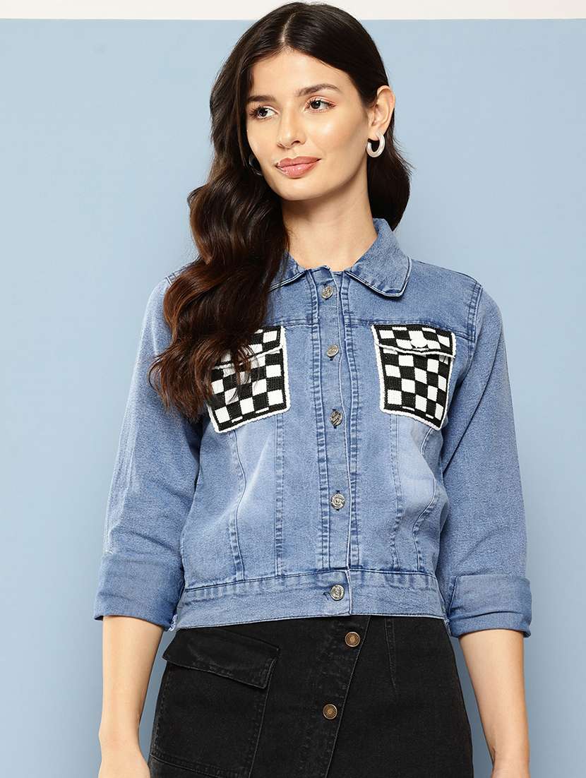 women patched work long sleeve denim jacket