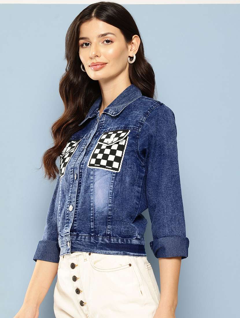 women patched work long sleeve denim jacket - 22224918 -  Standard Image - 1