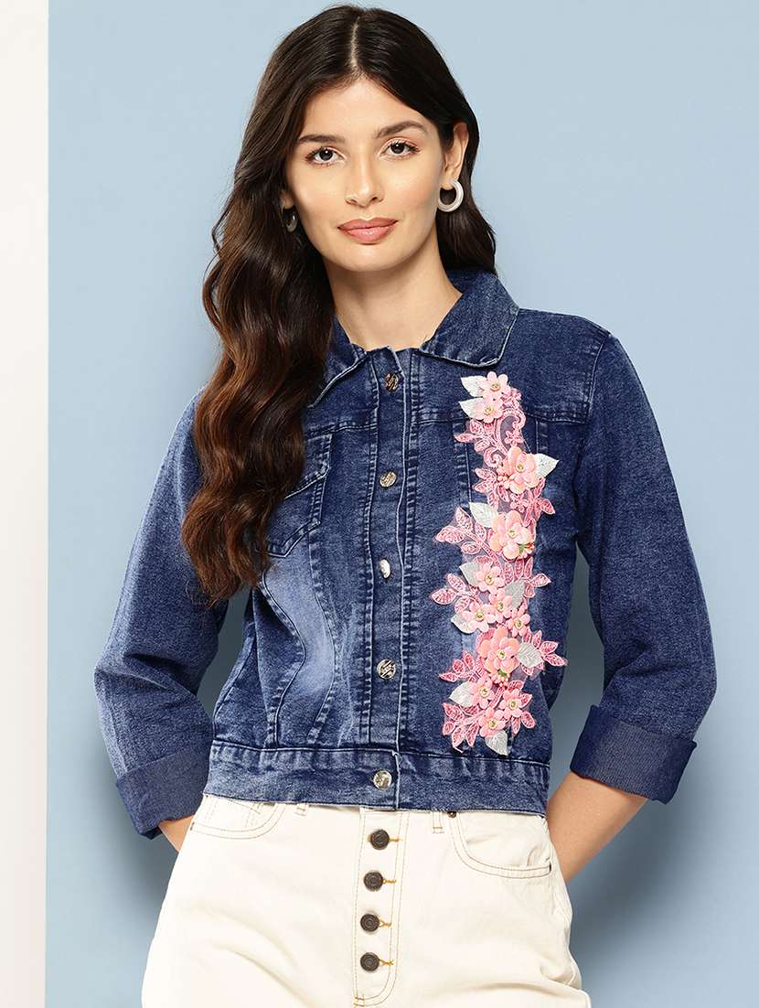 women patched work long sleeve denim jacket