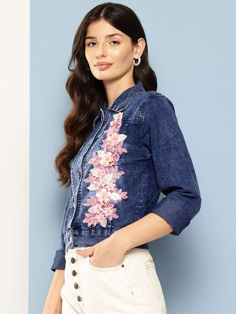 women patched work long sleeve denim jacket - 22224920 -  Standard Image - 1