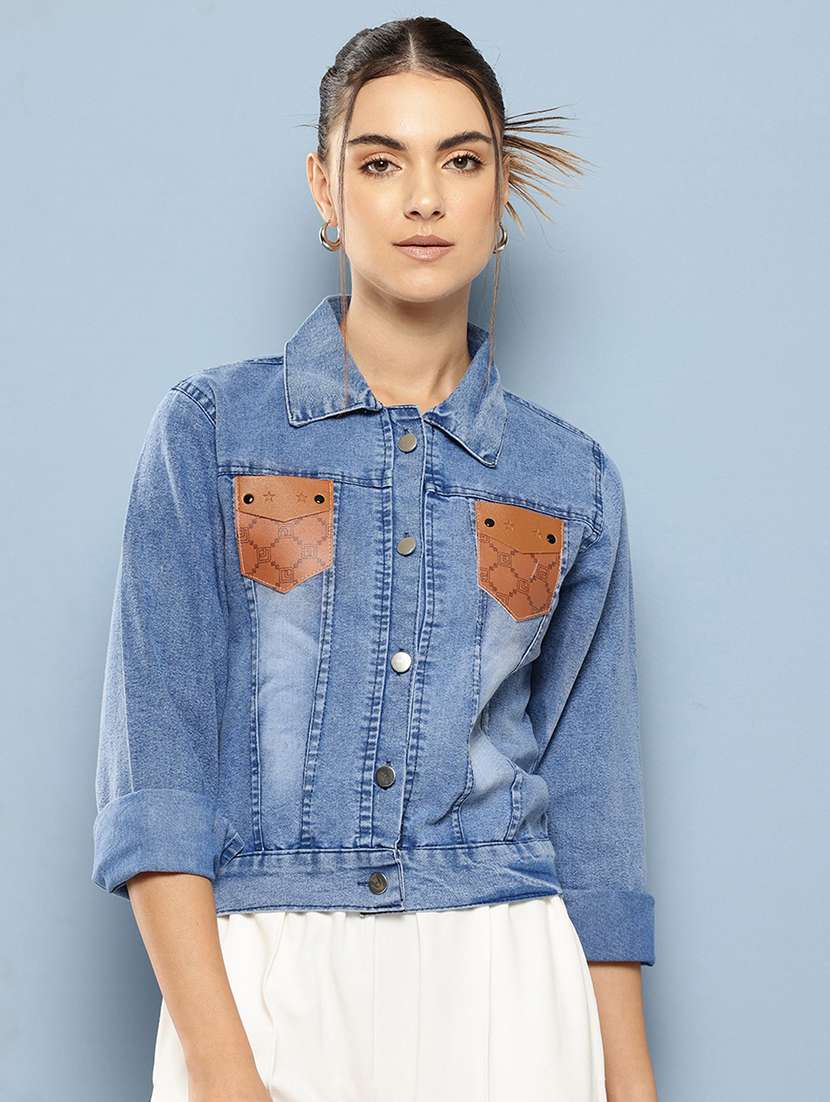 women patched work long sleeve denim jacket