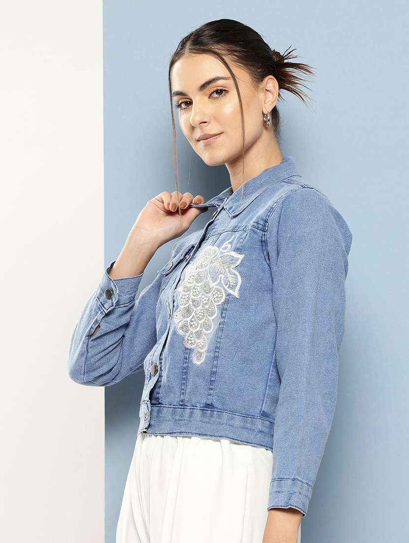 women solid with work long sleeve denim jacket - 22224923 -  Standard Image - 1