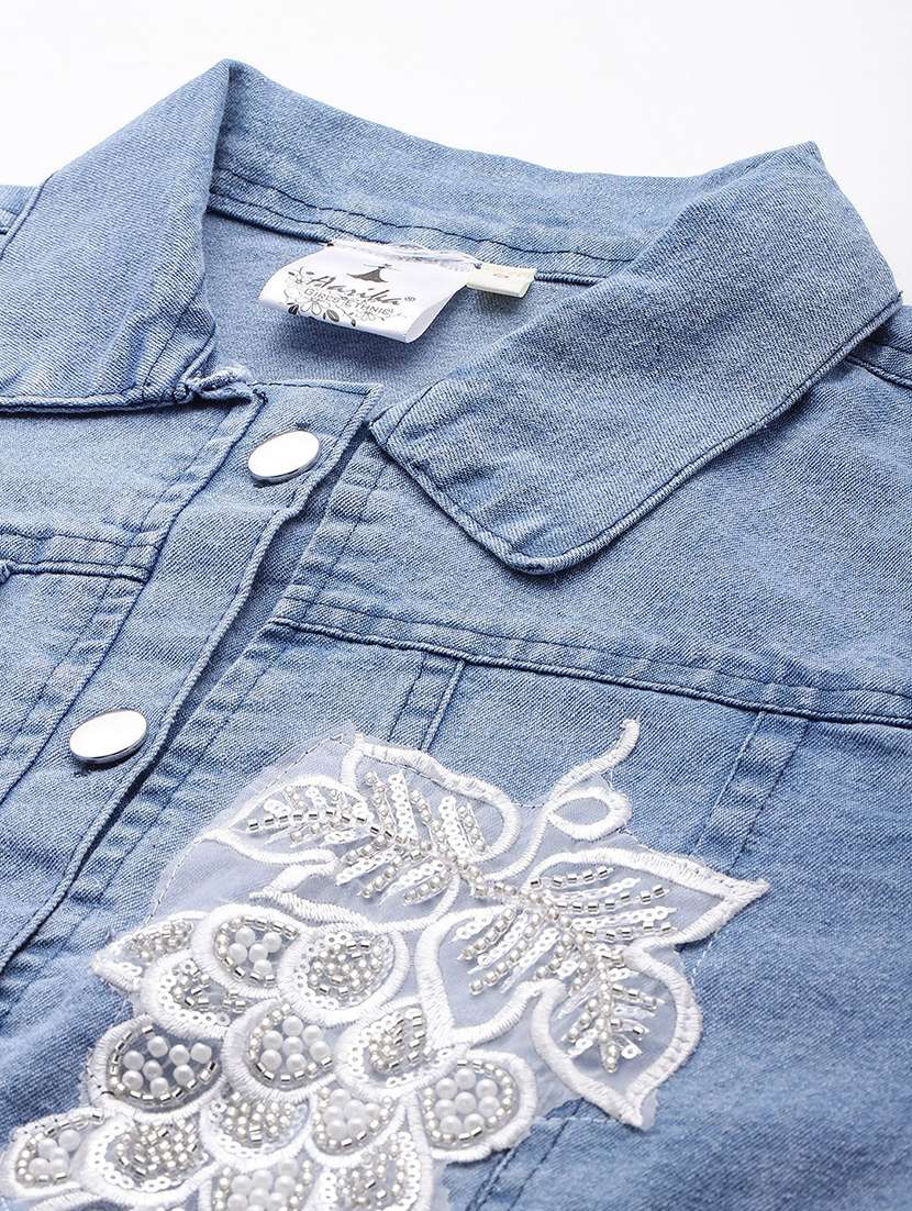 women solid with work long sleeve denim jacket - 22224923 -  Standard Image - 4