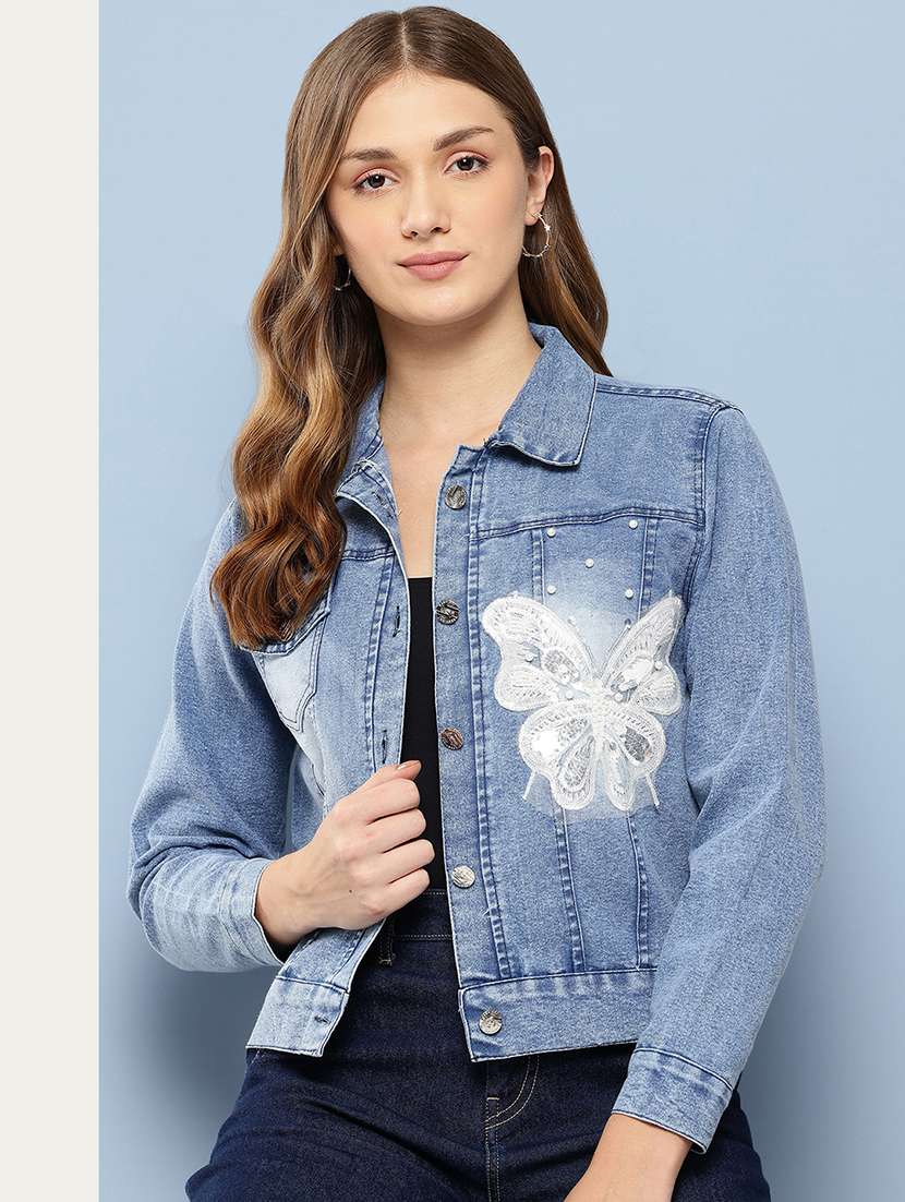 women solid with work long sleeve denim jacket