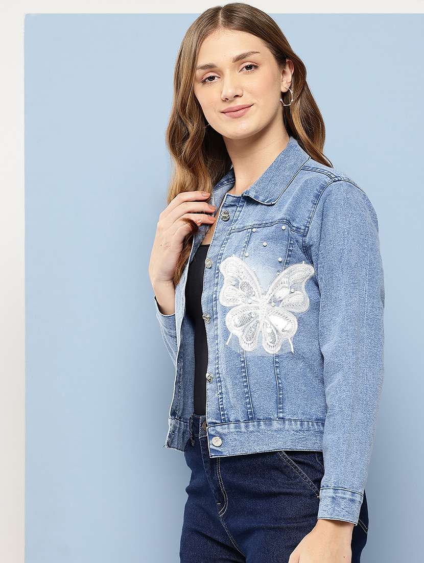 women solid with work long sleeve denim jacket - 22224925 -  Standard Image - 1