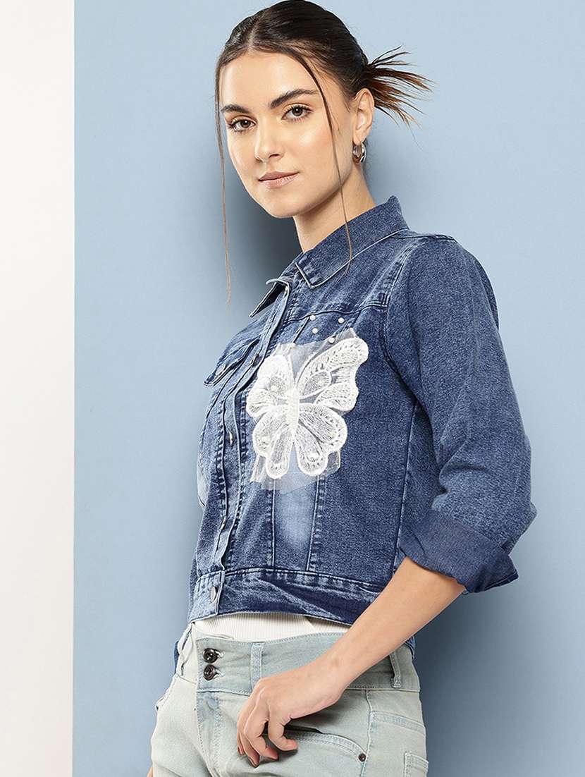 women solid with work long sleeve denim jacket - 22224926 -  Standard Image - 1